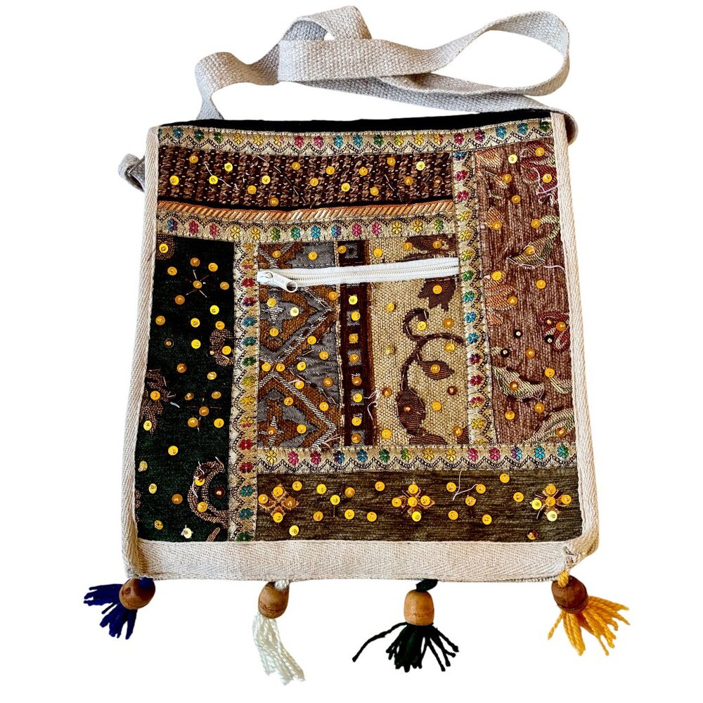 Burlap Womens Crossbody Bag Messenger Boho Hippie Embellished FLAWS